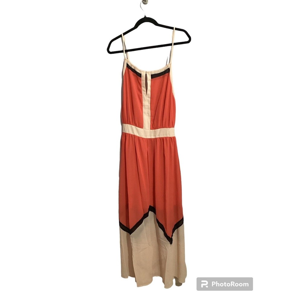 LUCY PARIS Maxi Dress Orange Cream ColorBlock halter spaghetti straps Sz L - Picture 4 of 11